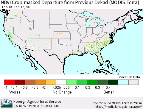 United States Cropland NDVI Departure from Previous Dekad (Terra-MODIS) Thematic Map For 2/11/2021 - 2/20/2021