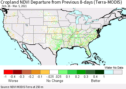 United States Cropland NDVI Departure from Previous 8-days (Terra-MODIS) Thematic Map For 2/26/2021 - 3/5/2021