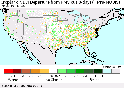 United States Cropland NDVI Departure from Previous 8-days (Terra-MODIS) Thematic Map For 3/6/2021 - 3/13/2021