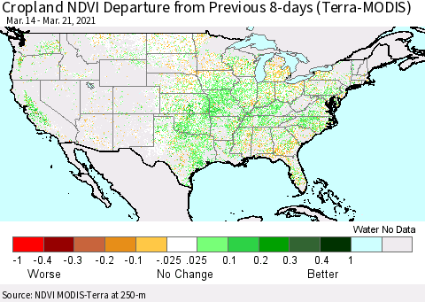 United States Cropland NDVI Departure from Previous 8-days (Terra-MODIS) Thematic Map For 3/14/2021 - 3/21/2021