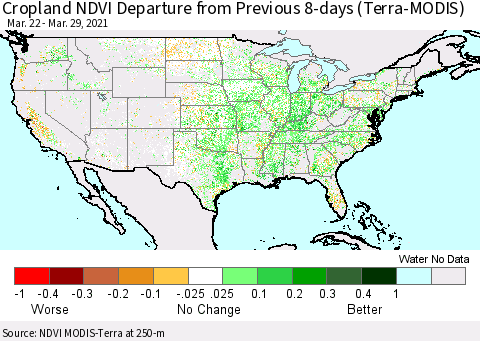 United States Cropland NDVI Departure from Previous 8-days (Terra-MODIS) Thematic Map For 3/22/2021 - 3/29/2021