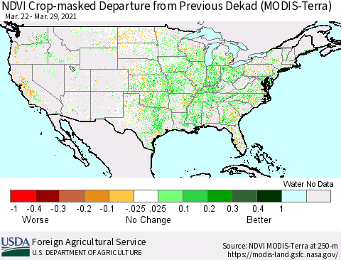 United States Cropland NDVI Departure from Previous Dekad (Terra-MODIS) Thematic Map For 3/21/2021 - 3/31/2021
