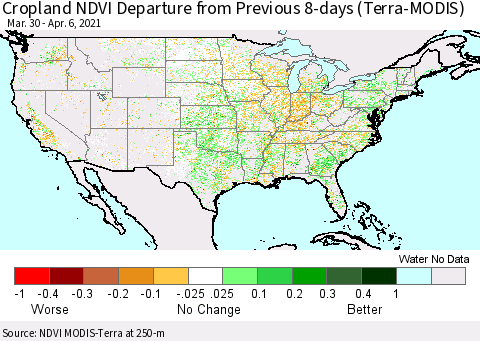 United States Cropland NDVI Departure from Previous 8-days (Terra-MODIS) Thematic Map For 3/30/2021 - 4/6/2021