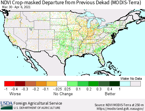 United States NDVI Crop-masked Departure from Previous Dekad (MODIS-Terra) Thematic Map For 4/1/2021 - 4/10/2021