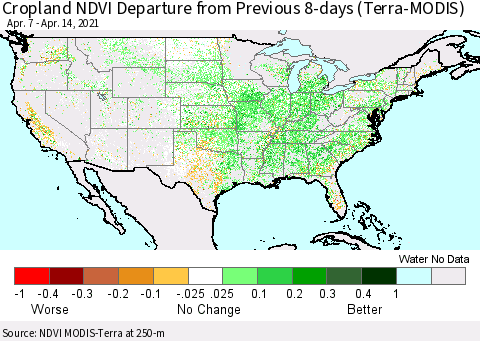 United States Cropland NDVI Departure from Previous 8-days (Terra-MODIS) Thematic Map For 4/7/2021 - 4/14/2021