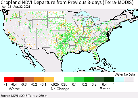 United States Cropland NDVI Departure from Previous 8-days (Terra-MODIS) Thematic Map For 4/15/2021 - 4/22/2021