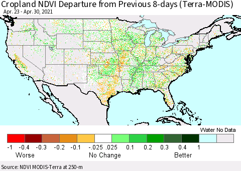 United States NDVI Crop-masked Departure from Previous Dekad (MODIS-Terra) Thematic Map For 4/21/2021 - 4/30/2021