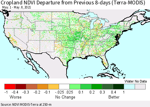 United States Cropland NDVI Departure from Previous 8-days (Terra-MODIS) Thematic Map For 5/1/2021 - 5/8/2021