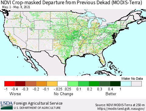United States Cropland NDVI Departure from Previous Dekad (Terra-MODIS) Thematic Map For 5/1/2021 - 5/10/2021