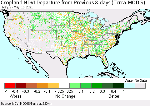 United States Cropland NDVI Departure from Previous 8-days (Terra-MODIS) Thematic Map For 5/9/2021 - 5/16/2021