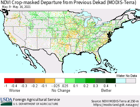 United States Cropland NDVI Departure from Previous Dekad (Terra-MODIS) Thematic Map For 5/11/2021 - 5/20/2021