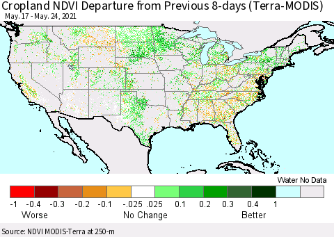 United States Cropland NDVI Departure from Previous 8-days (Terra-MODIS) Thematic Map For 5/17/2021 - 5/24/2021