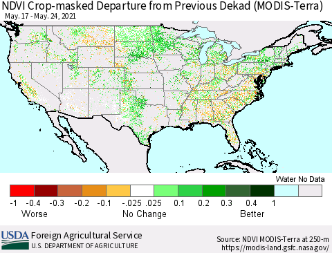 United States NDVI Crop-masked Departure from Previous Dekad (MODIS-Terra) Thematic Map For 5/21/2021 - 5/31/2021