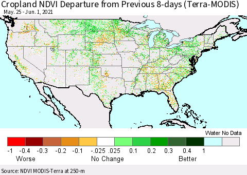 United States Cropland NDVI Departure from Previous 8-days (Terra-MODIS) Thematic Map For 5/25/2021 - 6/1/2021