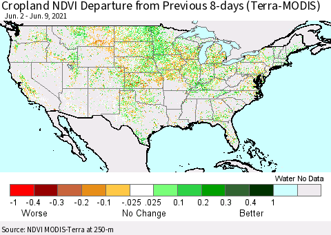 United States Cropland NDVI Departure from Previous 8-days (Terra-MODIS) Thematic Map For 6/2/2021 - 6/9/2021