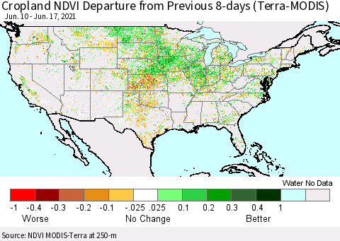 United States Cropland NDVI Departure from Previous 8-days (Terra-MODIS) Thematic Map For 6/10/2021 - 6/17/2021