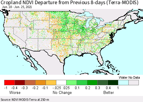 United States Cropland NDVI Departure from Previous 8-days (Terra-MODIS) Thematic Map For 6/18/2021 - 6/25/2021