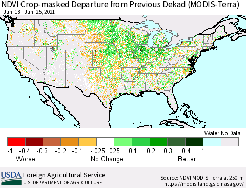 United States Cropland NDVI Departure from Previous Dekad (Terra-MODIS) Thematic Map For 6/21/2021 - 6/30/2021