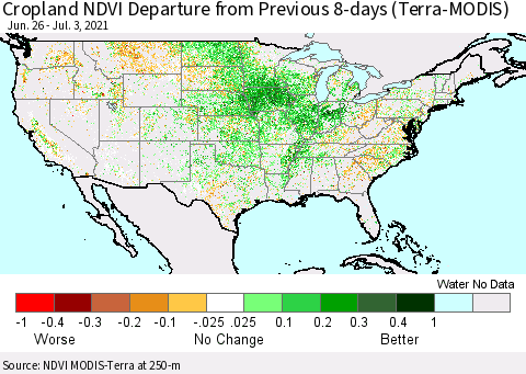 United States Cropland NDVI Departure from Previous 8-days (Terra-MODIS) Thematic Map For 6/26/2021 - 7/3/2021