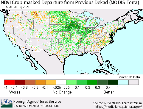 United States Cropland NDVI Departure from Previous Dekad (Terra-MODIS) Thematic Map For 7/1/2021 - 7/10/2021