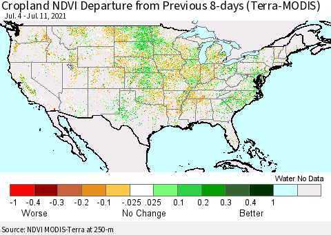 United States Cropland NDVI Departure from Previous 8-days (Terra-MODIS) Thematic Map For 7/4/2021 - 7/11/2021