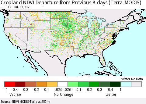United States Cropland NDVI Departure from Previous 8-days (Terra-MODIS) Thematic Map For 7/12/2021 - 7/19/2021