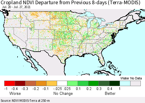 United States Cropland NDVI Departure from Previous 8-days (Terra-MODIS) Thematic Map For 7/20/2021 - 7/27/2021