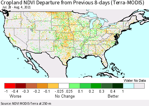 United States Cropland NDVI Departure from Previous 8-days (Terra-MODIS) Thematic Map For 7/28/2021 - 8/4/2021