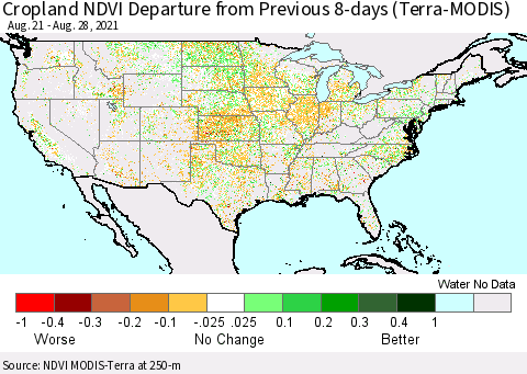 United States Cropland NDVI Departure from Previous 8-days (Terra-MODIS) Thematic Map For 8/21/2021 - 8/28/2021