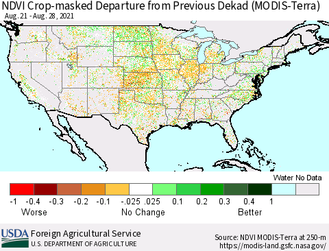 United States Cropland NDVI Departure from Previous Dekad (Terra-MODIS) Thematic Map For 8/21/2021 - 8/31/2021