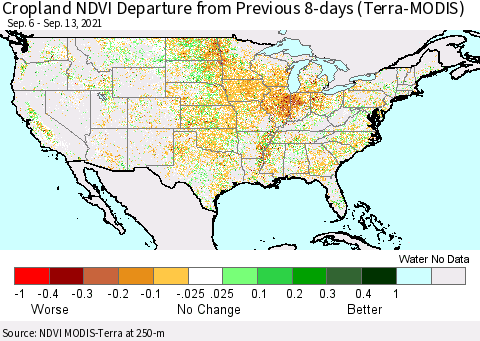 United States Cropland NDVI Departure from Previous 8-days (Terra-MODIS) Thematic Map For 9/6/2021 - 9/13/2021