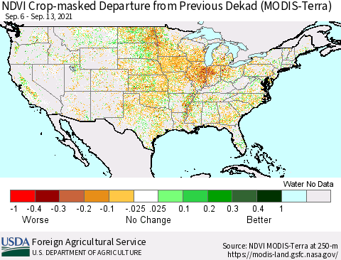 United States Cropland NDVI Departure from Previous Dekad (Terra-MODIS) Thematic Map For 9/11/2021 - 9/20/2021