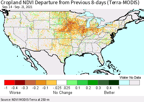 United States Cropland NDVI Departure from Previous 8-days (Terra-MODIS) Thematic Map For 9/14/2021 - 9/21/2021