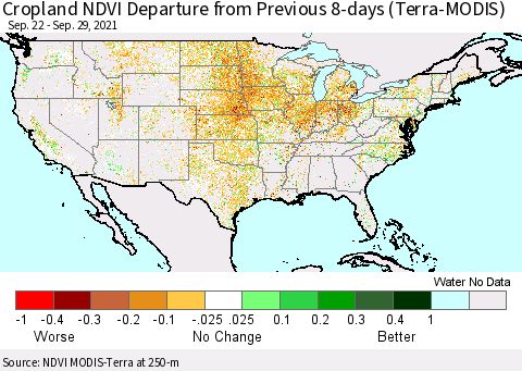 United States Cropland NDVI Departure from Previous 8-days (Terra-MODIS) Thematic Map For 9/22/2021 - 9/29/2021