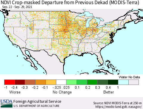 United States Cropland NDVI Departure from Previous Dekad (Terra-MODIS) Thematic Map For 9/21/2021 - 9/30/2021
