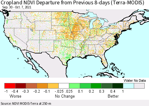 United States Cropland NDVI Departure from Previous 8-days (Terra-MODIS) Thematic Map For 9/30/2021 - 10/7/2021