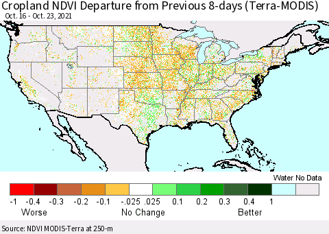 United States Cropland NDVI Departure from Previous 8-days (Terra-MODIS) Thematic Map For 10/16/2021 - 10/23/2021