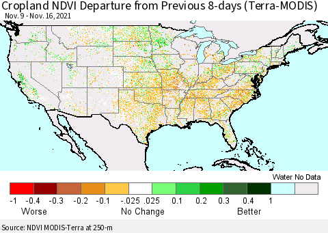United States Cropland NDVI Departure from Previous 8-days (Terra-MODIS) Thematic Map For 11/9/2021 - 11/16/2021