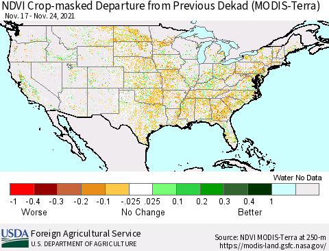 United States Cropland NDVI Departure from Previous Dekad (Terra-MODIS) Thematic Map For 11/21/2021 - 11/30/2021