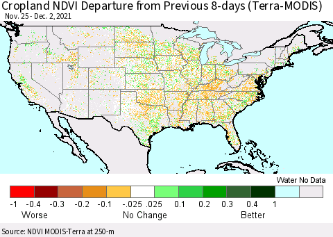 United States Cropland NDVI Departure from Previous 8-days (Terra-MODIS) Thematic Map For 11/25/2021 - 12/2/2021