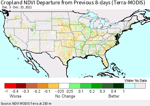 United States Cropland NDVI Departure from Previous Dekad (Terra-MODIS) Thematic Map For 12/1/2021 - 12/10/2021