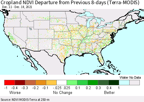 United States Cropland NDVI Departure from Previous 8-days (Terra-MODIS) Thematic Map For 12/11/2021 - 12/18/2021
