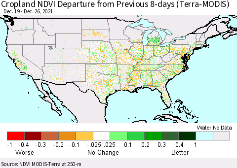 United States Cropland NDVI Departure from Previous 8-days (Terra-MODIS) Thematic Map For 12/19/2021 - 12/26/2021