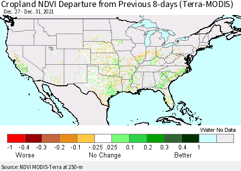 United States Cropland NDVI Departure from Previous 8-days (Terra-MODIS) Thematic Map For 12/26/2021 - 1/2/2022