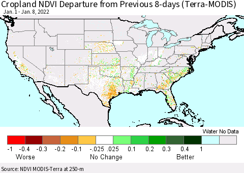 United States Cropland NDVI Departure from Previous 8-days (Terra-MODIS) Thematic Map For 1/1/2022 - 1/8/2022