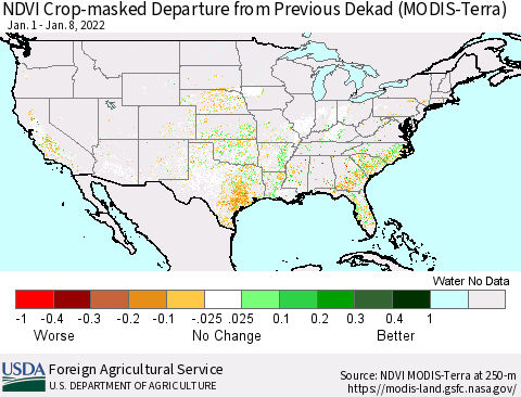 United States Cropland NDVI Departure from Previous Dekad (Terra-MODIS) Thematic Map For 1/1/2022 - 1/10/2022
