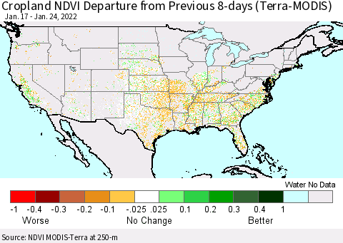 United States Cropland NDVI Departure from Previous 8-days (Terra-MODIS) Thematic Map For 1/17/2022 - 1/24/2022