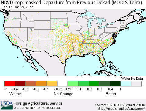 United States Cropland NDVI Departure from Previous Dekad (Terra-MODIS) Thematic Map For 1/21/2022 - 1/31/2022