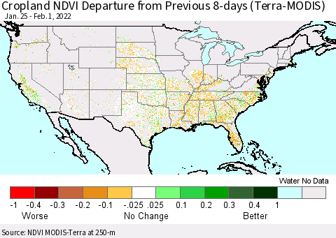 United States Cropland NDVI Departure from Previous 8-days (Terra-MODIS) Thematic Map For 1/25/2022 - 2/1/2022
