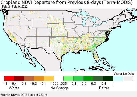 United States Cropland NDVI Departure from Previous 8-days (Terra-MODIS) Thematic Map For 2/2/2022 - 2/9/2022